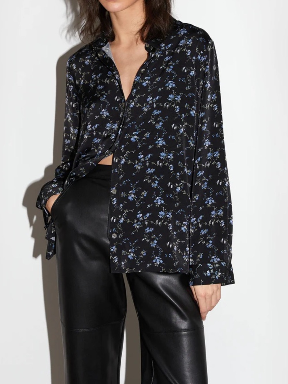 OAK + FORT Black Floral Collared Blouse with Blue and Cream Accents